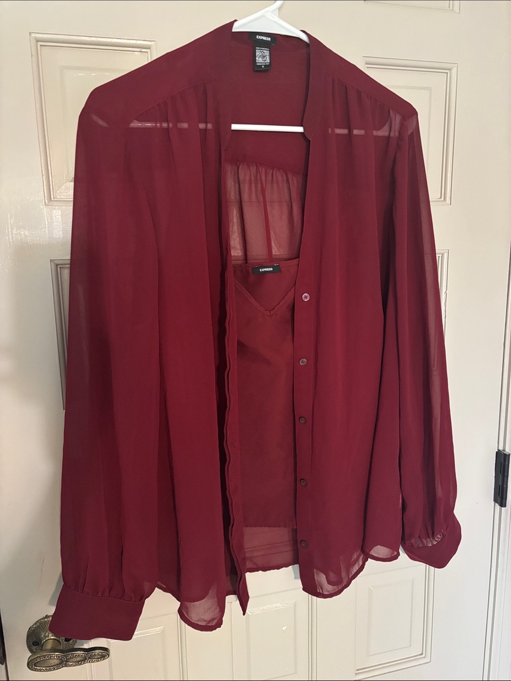 Express Women's Burgundy Sheer Button-Up Blouse with Matching Camisole